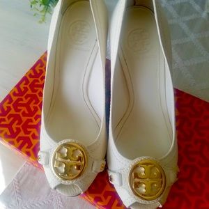 Leticia Peep-Toe Leather Wedge, Ivory